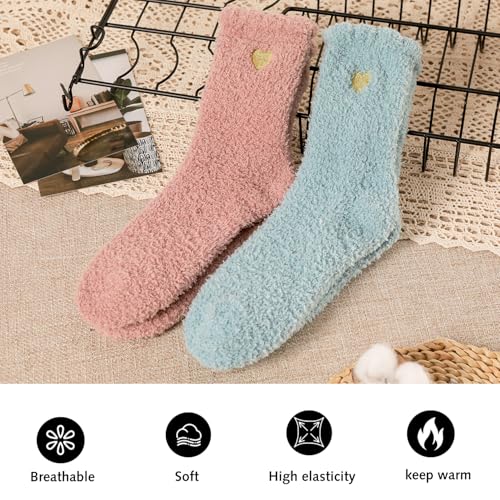 Fluffy Socks Womens, 4 Pairs Bed Socks for Women Soft Coral Fleece Fuzzy Sock with Heart Design Wool Warm Knitting Ladies Sock Cozy Multicolor Gift Set for Home Office School Hiking (Blue, pink) - Image 4