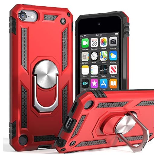 iPod Touch 7 Case,iPod Touch 6 Case with Car Mount,SLMY Hybrid Rugged Shockproof Cover with Built-in Kickstand for Apple iPod Touch 5 6 7th-Red