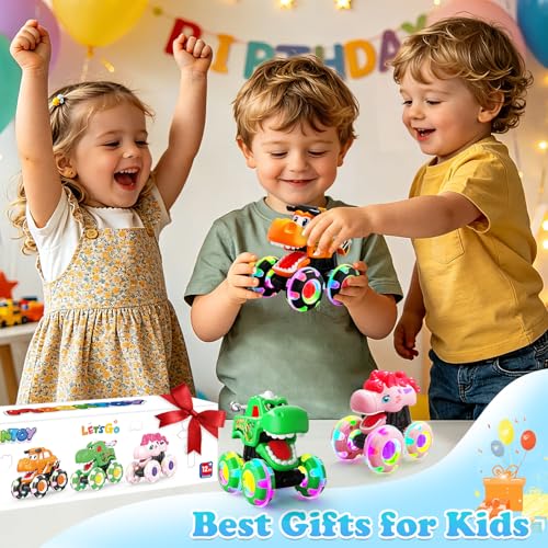 Image of 3 Pack Monster Truck Toys for Toddlers 1-3, Press & Go Cars with Flashing LED Wheels & Moving Mouth, Dinosaur Cars for 2 3 4 One Two Year Old Boy Birthday Gifts