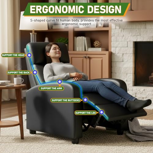 Image of PayLessHere Recliner Chair Single Reclining Sofa Home Theater Seating with Lumbar Support and Padded Backrest for Living Room and Bedroom (Leather, Black-Massage)