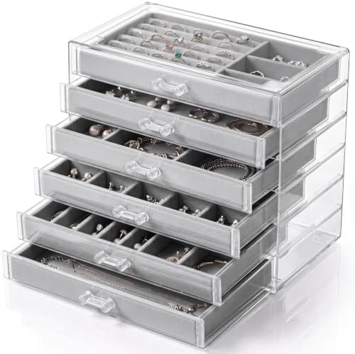 Cinnvoice 6 Drawer Acrylic Jewelry Organizer with Velvet Lined Trays, Jewelry Box with Drawers for Earrings, Rings, Necklaces, Brooch, Stackable Storage Organizer for Women, Gift Ready (Grey,Clear)