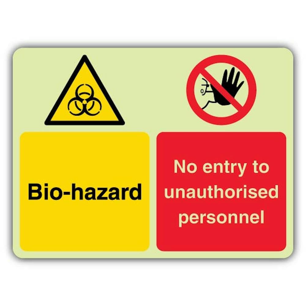 V Safety - Señal de peligro biológico que brilla en la oscuridad, sin entrada al personal no autorizado, 600 x 450 mm, hecha de vinilo autoadhesivo de doble brillo, señalización de advertencia de