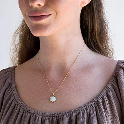 14K Gold Plated White Opal Necklace - 14K Gold Plated Over 925 Sterling Silver, Dainty 12Mm White Opal Gemstone Pendant, October Birthstone, Handmade Vintage Antique Jewelry For Classy Women #TOP2
