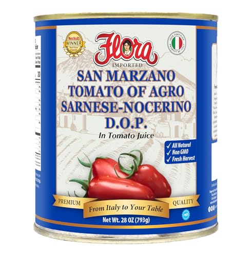 Flora Foods Tomatoes San Marzano DOP | 28 oz (793g) | Winner 100% Italian Quality | Imported, No Fat, Gluten Free, No Cholesterol