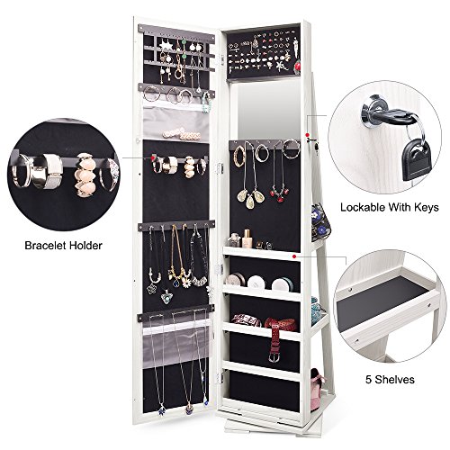 TWING Jewelry Organizer Jewelry Cabinet 360 Rotating , Lockable Standing Wall Jewelry Armoire with Full Length Mirror Large Jewelry Armoire Cabinet(White with wood grain)