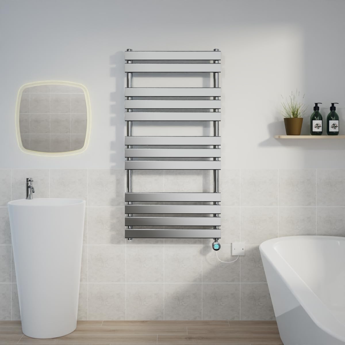 Warmehaus 1200x600mm Chrome Designer Flat Panel Electric Heated Towel Rail Thermostatic Timer Bathroom Towel Radiator 600W