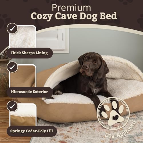 Image of Snoozer Rectangle Cozy Cave Dog Bed, Hooded Dog Bed, Camel (L)
