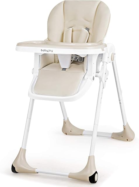 BABY JOY Chaise haute convertible pour bébés & Les tout-petits, réglable en hauteur, grandir & Chaise haute avec/Récline & repose-pieds, double bac amovible, portable Baby Chaise à dîner avec roues (Beige)