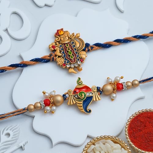 Image of eCraftIndia Lord Shrinathji and Shankh Designer Rakhi Set of 2 | Rakhi for Brother Bhaiya Bhai with Best Bro Ever Fridge Magnet | Roli Chawal Pack