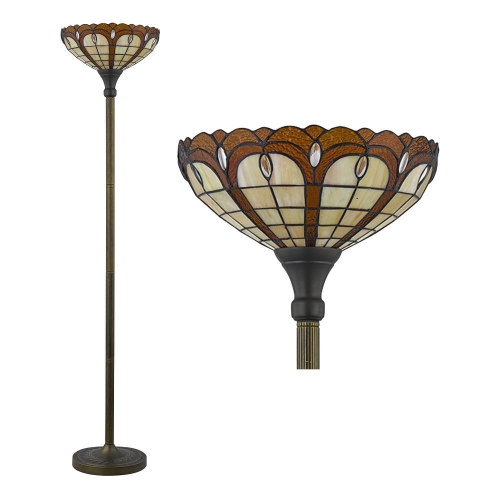 Firstchoicelighting Antique Brass & Multi Coloured Tiffany Uplighter Floor Lamp Or Standing Lamp, Traditional Antique Brass And Coloured Glass Design, Height 169Cm, Led Compatible