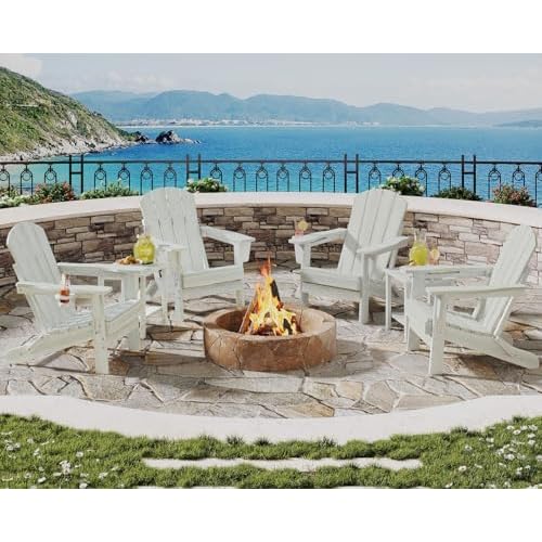 Folding Adirondack Chair Set of 4 with 2 Side Table, All-Weather HDPE Outdoor Chair, Wooden Textured with Cup Holder for patios, Decks, Gardens, fire pits, White White Chair x4+Table x2