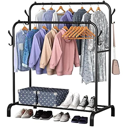 Clothes Rail Metal Garment Rack Freestanding Hanger Display Stand Double Rail Bedroom Clothing Rack with 4 Side Hooks, 1 Tier Lower Storage Shelf for Shoes Boxes 4.92ft Double Rod Coat Drying Rack Cover