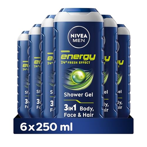 NIVEA MEN Energy Shower Gel Pack of 6 (6 x 250 ml), Moisturising 3-in-1 Body Wash for Men with Mint Extract, Energising NIVEA MEN Shower Gel