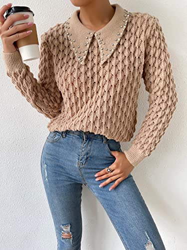 Wdirara Women's Collared Beaded Knit Pullover Top Long Sleeve Solid Casual Sweater Camel L #TOP3