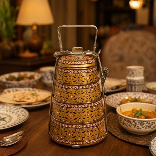 Image of iHandikart Handpainted Decorative Lunch Box Tiffin | Multiple Tier Stainless Steel Food Box | Designer Indian Print Tiffin for School | Diwali Gift, Navratri Gift (Color - Multicolor)