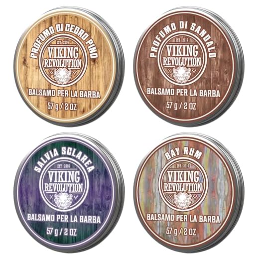 Viking Revolution Balsamo Barba Uomo - Regalo Uomo Perfetto: Modella e Ammorbidisce Baffi con Sandalo, Pino, Cedro, Bay Rum e Salvia Sclarea - Set 4x28g.