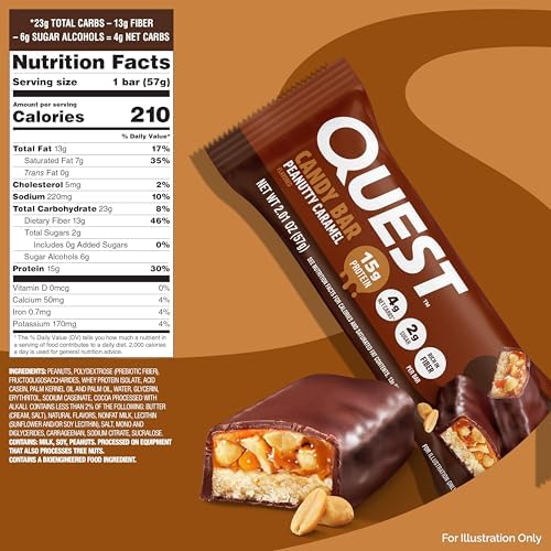Quest Nutrition Protein Bar, Peanutty Caramel Flavor, 15g Protein, 2g Sugar, Low Sugar, Gluten Free, 12 Count