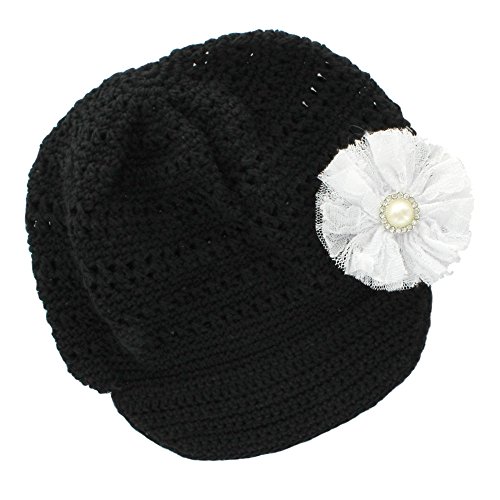 My Lello Infant Baby Girl's Newsboy Crochet Beanie Hat with Vintage Lace/Tulle Flower Black/White
