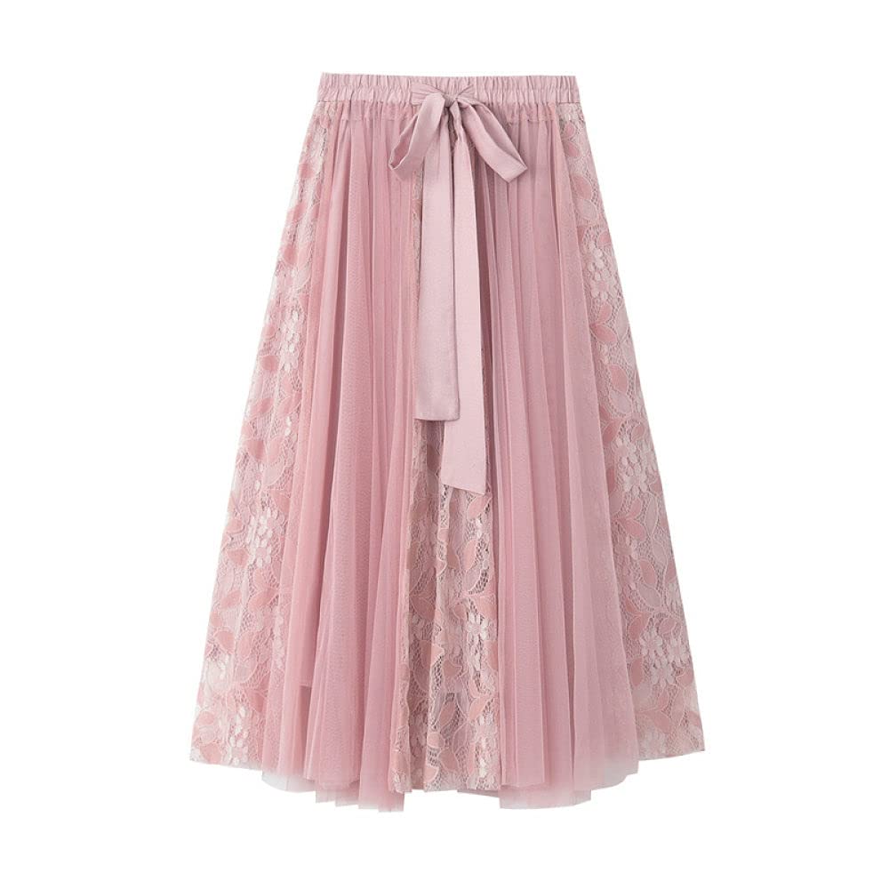 Röcke Damen,Damen Maxirock Rosa Elastische Hohe Taille Spitze Spleißen Tüll Faltenrock Süße A-Linie Geraffte Geschichtete Elegante Lange Röcke Für Mädchen Damen,M