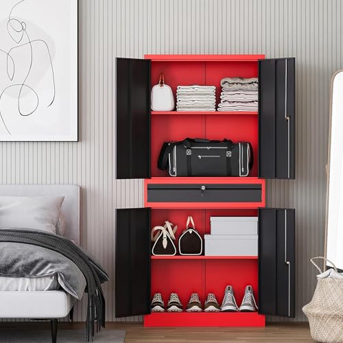 Image of Letaya Metal Garage Storage Cabinet with Drawer,4 Door Tool Cabinet with Adjustable Shelves for Garage Home Office Utility Room (Red)