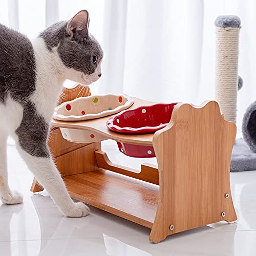 Miski dla psów urocze zwierzęta podwójna miska karma dla psa kota karma podniesiona ceramiczna miska naczynie drewniany stół artykuły dla zwierząt miska na wodę dla psa (kolor: Różowy)