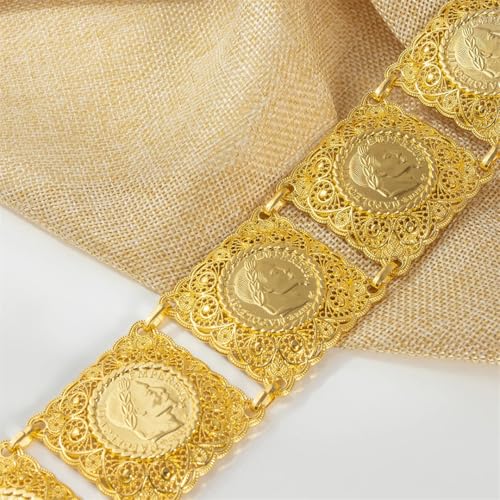 Bride Gold Plated Belt Square Coin Design Hollow Out Pattern Carved Wedding Dress Waist Chain Jewelry4