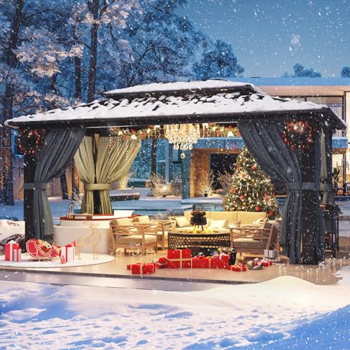 Image of HOTEEL 10x15 Hardtop Gazebo with Flame-Retardant Curtain & Netting, Hot Tub Gazebo with Galvanized Steel Double Roof, Heavy Duty Permanent Pavilion Outdoor for Patio, Frame Thickened (Upgraded 3.0)