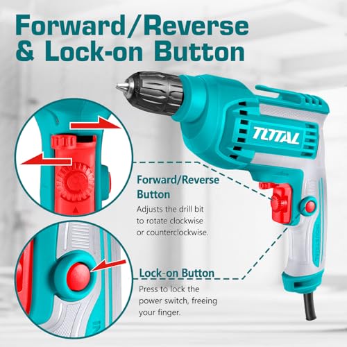 Image of TOTAL 550W Electric Drill Machine, 100% Copper Motor | 0-3300 RPM Variable Speed Control | 0.8-10mm Keyless Chuck | Lock-on Button | Forward & Reverse Drilling for Wall, Wood, Metal, Screwdriving