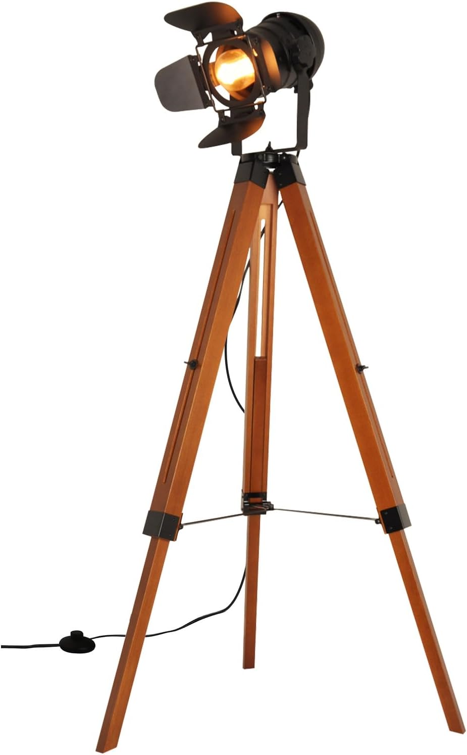 Industrial Tripod Floor Lamp for Living Room, Adjustable Height Black Wooden Tall Standing Lighting with Foot Pedal, Vintage Nautical Retro Spotlight Farmhouse for Bedroom Decoration
