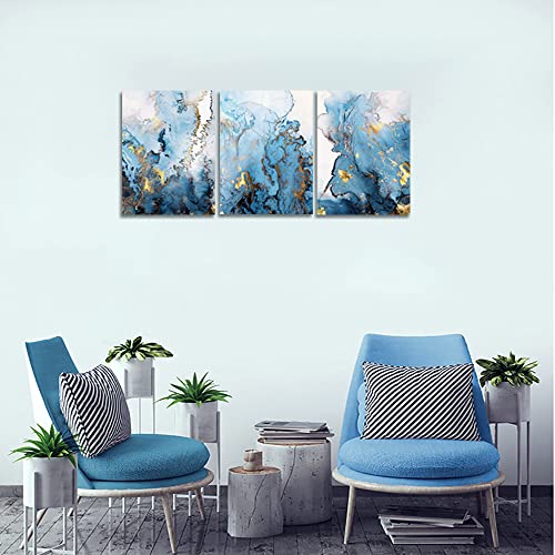 SERIMINO Blue Abstract Canvas Wall Art for Living Room, Navy and Gold Fluid Marble Wall Decor for Bedroom, Bathroom, Office, Home Decor, Set of 3 Print Painting, 12"X16"