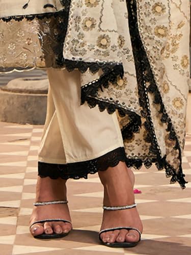 Image of INDO ERA Women's Embroidered Pure Cotton Calf Length Straight Kurta Pant With Dupatta