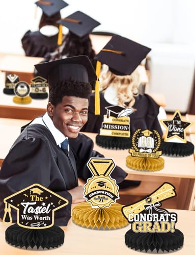 Image of 9Pcs Graduation Centerpieces for Tables 2026 - Graduation Table Decorations Black and Gold Honeycomb Centerpiece Class of 2026 Congratulate Table Toppers Congrats Grad Party Supplies