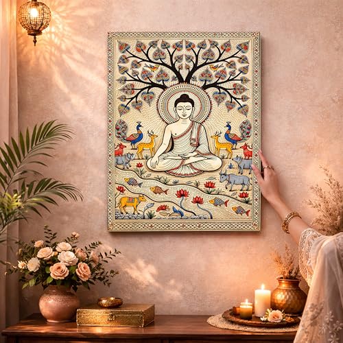 Image of PAINTINGMANTRA Madhubani Buddha Painting for Living Room, Buddha wall Decor for living room, Bedroom, office and Home, Canvas, 12x16 Inch
