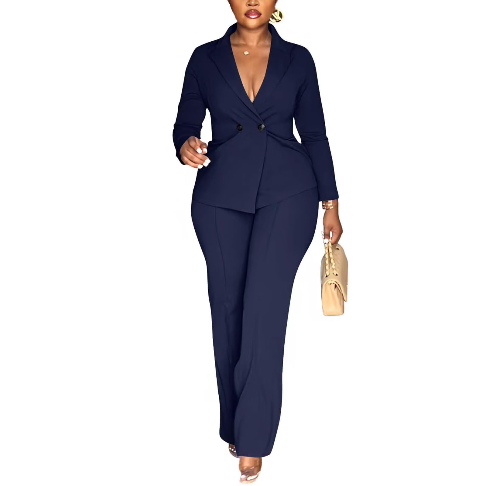Kafiloe Women Double Breasted Blazer Pants Suit 2 Piece Outfits Casual Long Sleeve Blazer Set for Work Business