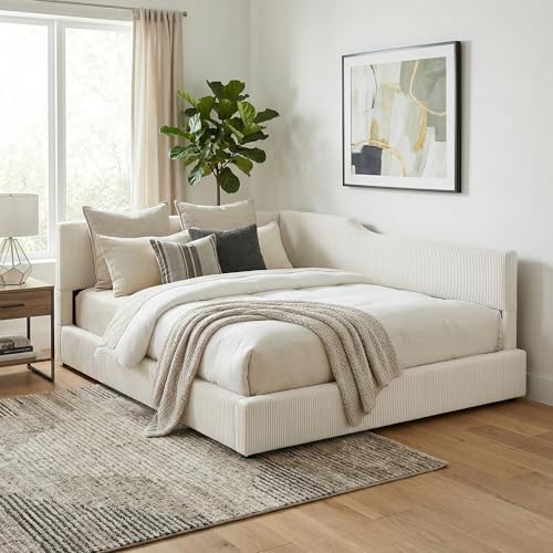 Merax Full Size Upholstered Daybed with Headboard, Corduroy L-Shaped Corner