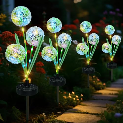 Freshaction Upgraded Solar Garden Lights, 4 Pack Outdoor Solar Lights, Bigger Round Panel for 40-Hour Runtime, Serve as Outdoor & Indoor Decor, Waterproof Flower Lights for Patio Yard Decoration