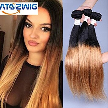 ATOZWIG 7a Peruvian Virgin Hair Straight 3 Bundles Black And Ombre Straight Short Virgin Hair Two Tone Peruvian Human Hair Straight 3 Bundles Total 150G