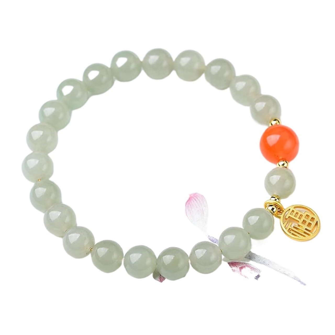Nzpost Women's Jade Bracelet, Natural Hetian Bracelet 8Mm Nephrite South Gilded Chinese Character Fu Lucky Charm P