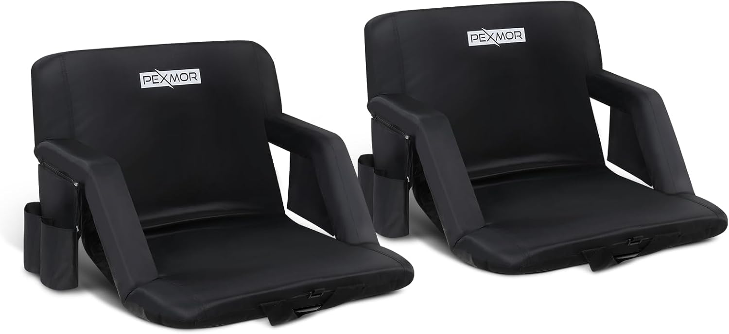 PEXMOR 2 Pack Folding Stadium Seats w/Back Support, 5-Reclining Position Bleacher Chair w/Cushion & Armrest, Portable Padded Stadium Chair w/Pockets, Carrying Bag