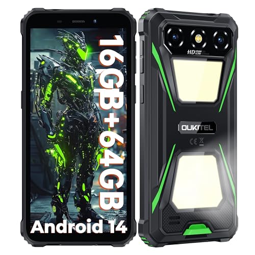 OUKITEL G5 Outdoor Smartphone Android 14, Doppel-Campinglicht Outdoor Handy Ohne Vertrag 6300mAh, 16GB + 64GB /1TB, 6,0' Wasserdicht Handy mit 13MP + 5MP Kamera, Dual 4G SIM/GPS/OTG/Face ID/Grün