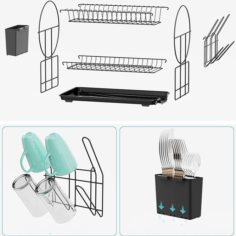 Image of JD FRESH 2 Tier Dish Drainer Rack for Kitchen /Space Saving Dish Stainer with Utensils Drying Rack /Plate Stand with Drain Tray & Glass Holder /Countertop Dish Drainer Kitchen Rack (Black)