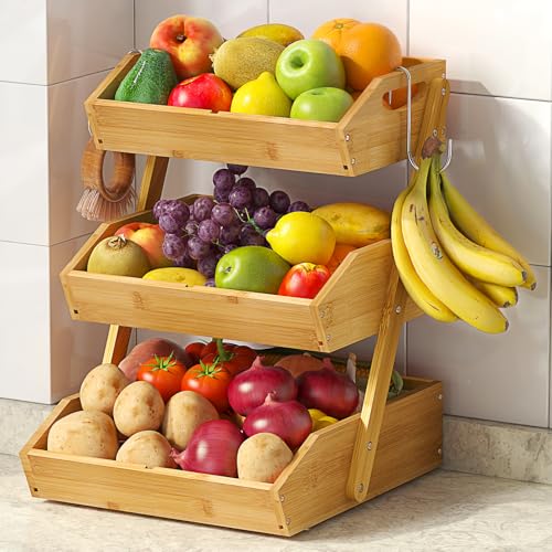 Sevenblue 3 Tier Large Bamboo Fruit Basket for Kitchen Counter with 2 Banana Holders, Kitchen...