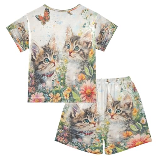 ALAZA Funny Blossom Cat Flower Butterfly Pajamas Set Short Sleeve Cotton Sleepwear Summer Pjs 2 Piece 5-14Y2