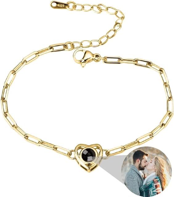 Custom Photo Bracelet Personalised Heart Projection Bracelet with Picture Inside I Love You Bracelet 100 Languages for Women Girls Friendship Christmas Memorial Jewellery Gift Silver Rose Gold