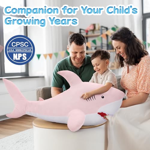 Image of MorisMos 39inch Giant Shark Stuffed Animal, Large Stuffed Shark Plush, Big Sharks Pillow Gift for Kids Girlfriend, Pink