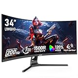 Gawfolk PC-Monitor Ultra Large 34 Zoll 1500R Curved 200Hz Gaming Computer Monitor, 21:9 UWQHD (3440 x 1440), 128 % sRGB, FreeSync, integrierter Lautsprecher, DisplayPort, HDMI, VESA 75 x 75 mm