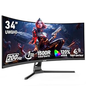 Gawfolk Écran PC Ultra Large 34 Pouces 1500R incurvé 200Hz Gaming Computer Moniteur,21:9 UWQHD(3440x1440),120% sRGB,Adaptive Sync,Haut-Parleur intégré，DisplayPort、HDMI，VESA 75 * 75MM-Noir