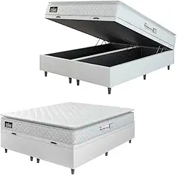 Cama Box Baú Colchão Espuma D33 Pillow Top New Millenium Branco Hellen – Suporta Até 120 Kg Por Pessoa (Queen 158x198x60)