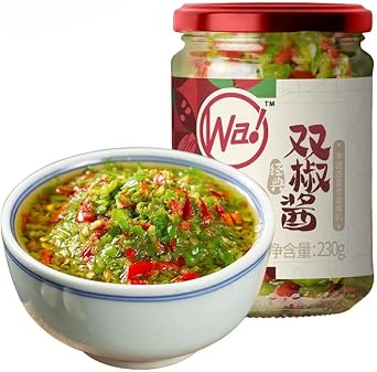 Sichuan specialty spicy Chili sauce and paste 230g/can, green red pepper chopped chili sauce, delicious noodle sauce, Chinese food, instant spicy snacks Double Pepper Sauce,1can
