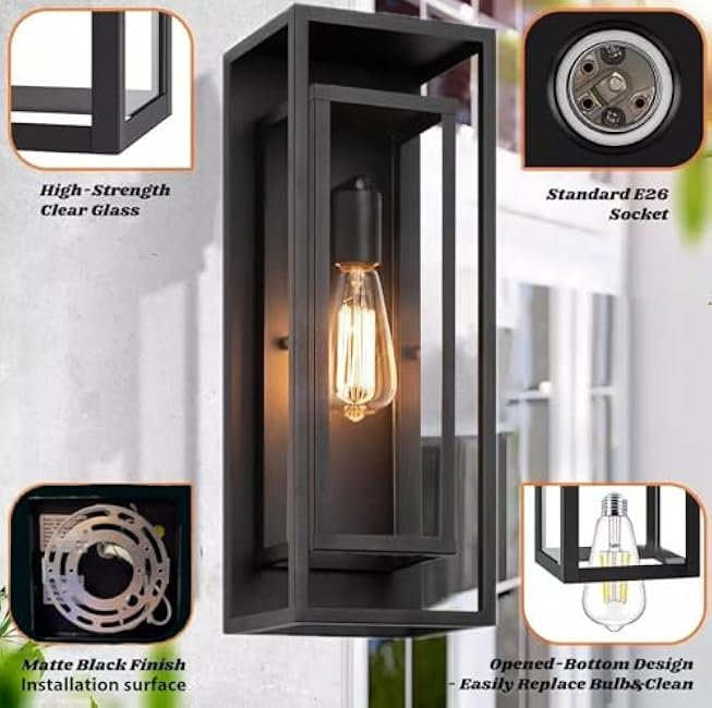 18inch Outdoor Wall Light Fixtures,Exterior Waterproof Lanterns,Porch Sconces Wall Mounted Lighting with E26 Sockets & Glass Shades,Modern Matte Black Wall Lamps for Patio Front Door Entryway (1 Pack)